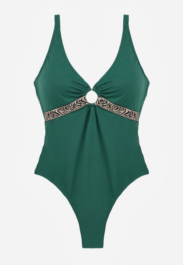 Renee - Zielony Strój Kąpielowy z Paskiem w Geometryczny Print i Wycięciem Helania. Kolekcja: plus size. Kolor: zielony. Wzór: nadruk, geometria