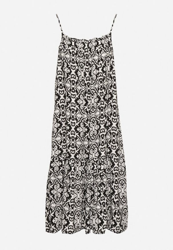 Born2be - Czarna Rozkloszowana Sukienka na Ramiączkach z Bawełny w Ornamentalny Wzór Valpio. Okazja: na spacer. Typ kołnierza: dekolt kwadratowy. Kolor: czarny. Materiał: bawełna. Długość rękawa: na ramiączkach