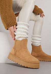 Born2be - Brązowe Śniegowce na Grubej Podeszwie w Stylu Sztybletów Avrenna. Okazja: na co dzień. Kolor: brązowy. Materiał: jeans. Styl: casual, klasyczny