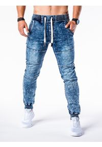 Ombre Clothing - Spodnie męskie jeansowe joggery P551 - jasnoniebieskie - XXL. Kolor: niebieski. Materiał: jeans. Wzór: nadruk, gładki
