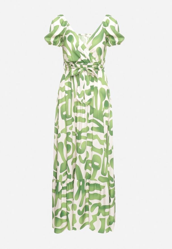 Born2be - Zielona Wiskozowa Sukienka z Kopertowym Dekoltem i Materiałowym Paskiem z Gumką w Talii Vikailla. Kolor: zielony. Materiał: wiskoza, materiał. Wzór: aplikacja. Typ sukienki: kopertowe. Styl: elegancki