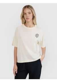4f - 4F T-shirt oversize z nadrukiem damski - biały M. Okazja: na co dzień. Kolor: biały. Materiał: dzianina, bawełna, jersey. Długość rękawa: krótki rękaw. Długość: krótkie. Wzór: nadruk. Styl: klasyczny, sportowy, casual