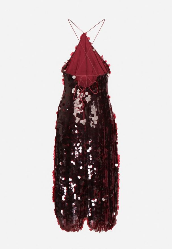 Born2be - Bordowa Asymetryczna Sukienka Bogato Zdobiona Cekinami z Wiązaniem na Plecach Lericie. Kolor: czerwony. Wzór: aplikacja. Typ sukienki: asymetryczne
