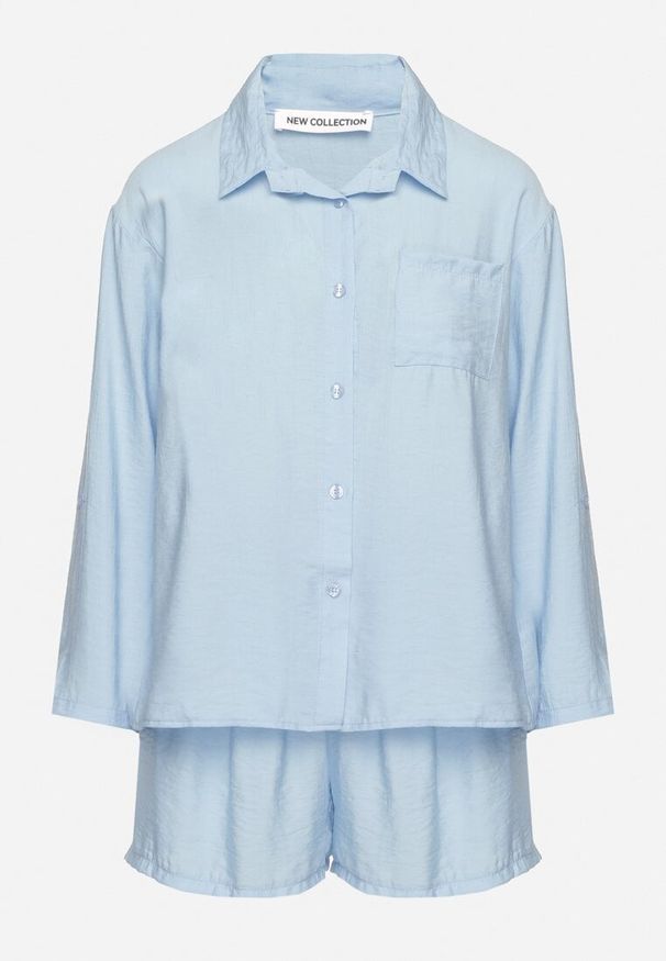 Born2be - Jasnoniebieski Komplet z Wiskozy Koszula z Długim Rękawem i Szorty z Gumką w Pasie Efralice. Kolor: niebieski. Materiał: wiskoza