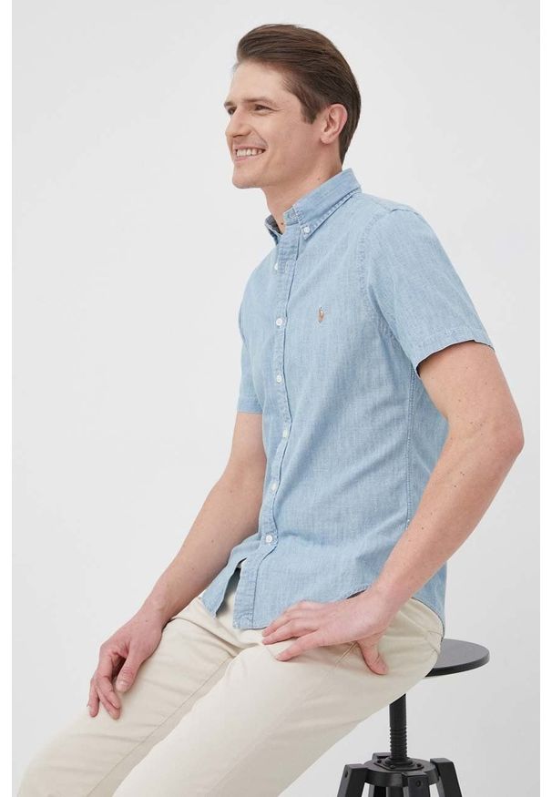 Polo Ralph Lauren koszula bawełniana męska slim z kołnierzykiem button-down. Typ kołnierza: button down, polo. Kolor: niebieski. Materiał: bawełna. Długość rękawa: krótki rękaw. Długość: krótkie