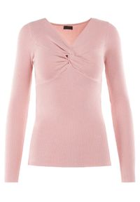 Born2be - Jasnoróżowy Sweter Ampippe. Kolor: różowy. Materiał: dzianina, prążkowany. Długość rękawa: długi rękaw. Długość: długie. Wzór: jednolity, aplikacja #4