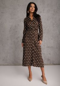 Renee - Brązowa Koszulowa Sukienka z Wiskozy z Dodatkiem Lnu z Drapowaną Talią Edrilith. Okazja: na co dzień. Kolor: brązowy. Materiał: wiskoza, len. Typ sukienki: koszulowe. Styl: elegancki, casual #7