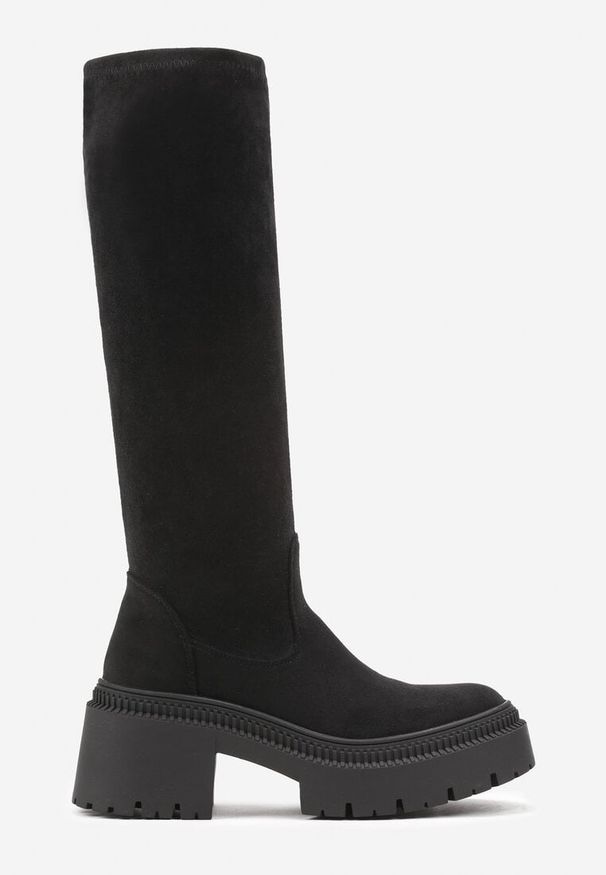 Born2be - Czarne Dopasowane Kozaki na Grubej Podeszwie ze Skarpetkową Cholewką Hanilinn. Okazja: na co dzień. Kolor: czarny. Materiał: jeans. Szerokość cholewki: normalna. Styl: casual