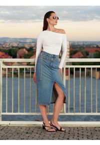 Sinsay - Spódnica midi - turkusowy. Kolor: turkusowy. Materiał: włókno, jeans, bawełna