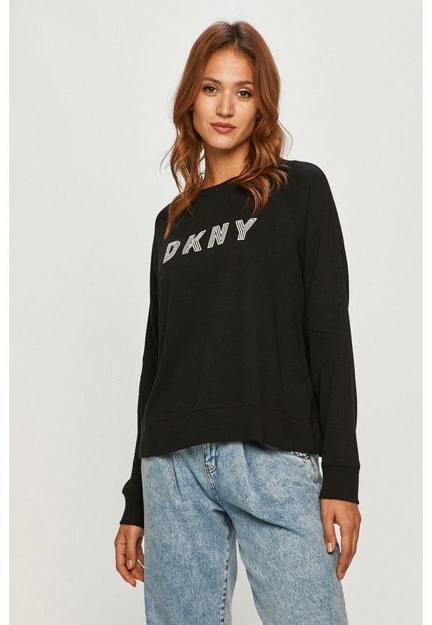 DKNY - Dkny - Bluza. Typ kołnierza: bez kaptura. Kolor: czarny. Materiał: bawełna, poliester, dzianina. Długość rękawa: raglanowy rękaw. Wzór: nadruk