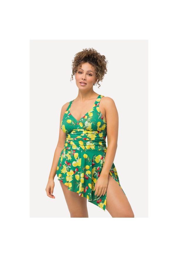 ULLA POPKEN - Damska Sukienka Kąpielowa cytryny miękkie miseczki asymetryczny dół. Kolekcja: plus size. Kolor: zielony. Materiał: poliester, elastan, poliamid, materiał