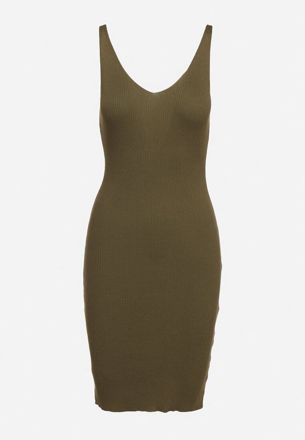 Born2be - Zielona Sukienka Adelphobus. Kolor: zielony. Materiał: prążkowany, dzianina. Długość rękawa: na ramiączkach. Wzór: aplikacja. Typ sukienki: dopasowane. Długość: mini