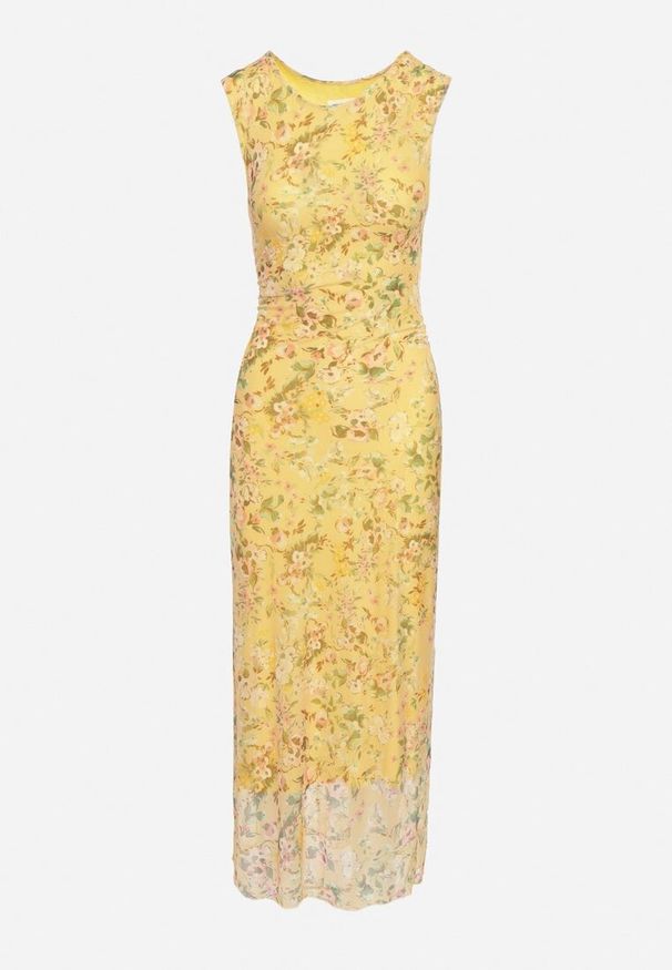 Born2be - Żółta Koktajlowa Taliowana Sukienka w Kwiaty z Wiskozową Podszewką Lidra. Okazja: na co dzień, na wesele, na ślub cywilny, na imprezę. Kolor: żółty. Materiał: wiskoza. Wzór: kwiaty. Styl: wizytowy