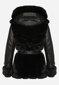 Born2be - Czarna Futrzana Kurtka z Kapturem Wiązanym Paskiem i Rękawami z Imitacji Skóry z Klamrami Mesirya. Okazja: na co dzień. Typ kołnierza: kaptur. Kolor: czarny. Materiał: skóra, futro. Wzór: aplikacja. Styl: casual, elegancki #5