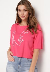 Born2be - Fuksjowy Krótki Bawełniany T-shirt z Ozdobną Aplikacją ze Sznurkiem Abiola. Kolor: różowy. Materiał: bawełna. Długość: krótkie. Wzór: aplikacja #6