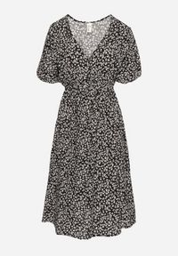 Born2be - Czarna Sukienka z Bawełny Rozkloszowana w Kwiaty Esirive. Typ kołnierza: dekolt w kształcie V. Kolor: czarny. Materiał: bawełna. Długość rękawa: krótki rękaw. Wzór: kwiaty #4