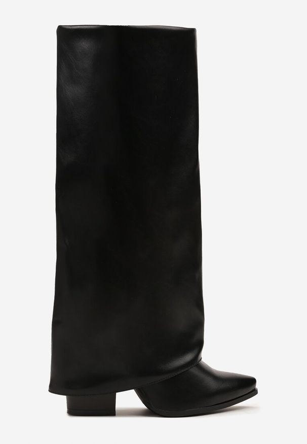 Born2be - Czarne Kozaki Typu Kowbojki na Stożku z Wywiniętą Cholewką Nalloria. Okazja: na co dzień. Kolor: czarny. Szerokość cholewki: normalna. Obcas: na stożku. Styl: klasyczny, casual. Wysokość obcasa: średni