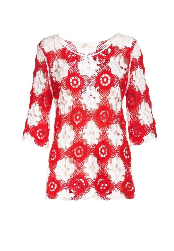 Born2be - Czerwona Bluzka Menithe. Typ kołnierza: dekolt w kształcie V. Kolor: czerwony. Materiał: jeans, len, dzianina. Długość rękawa: krótki rękaw. Wzór: aplikacja, kwiaty, ażurowy, gładki. Styl: boho
