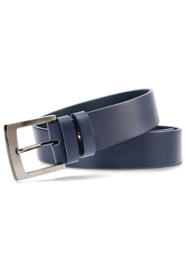 Granatowy Skórzany Pasek Męski Armodo. Kolor: niebieski. Materiał: skóra. Styl: elegancki, klasyczny, casual