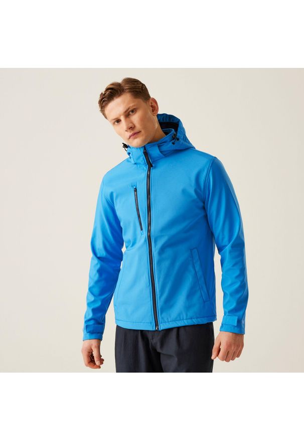 Regatta - Softshell roboczy męski Venturer z kapturem. Typ kołnierza: kaptur. Kolor: niebieski, turkusowy, wielokolorowy. Materiał: softshell. Sezon: zima. Sport: turystyka piesza