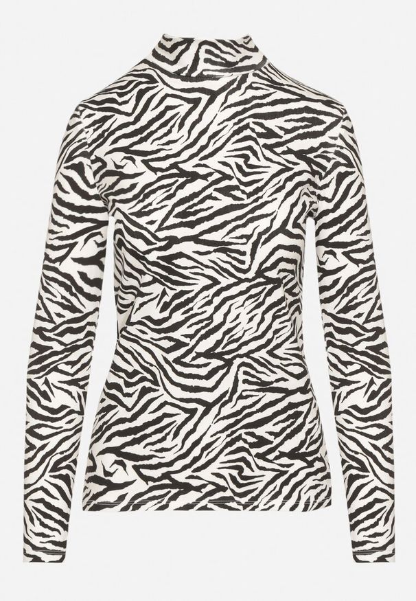 Born2be - Czarno-Biała Bawełniana Bluzka Golf z Długim Rękawem w Zebrę Velmire. Okazja: na imprezę, na co dzień. Typ kołnierza: golf. Kolor: czarny. Materiał: bawełna. Długość rękawa: długi rękaw. Długość: długie. Wzór: motyw zwierzęcy. Styl: casual, klasyczny, elegancki