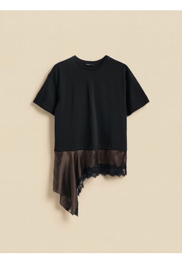 Reserved - Asymetryczny t-shirt - ciemnobrązowy. Kolor: brązowy. Materiał: dzianina, bawełna