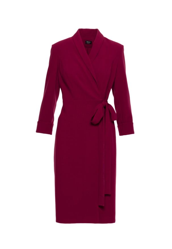 Stylove - Elegancka sukienka ołówkowa kopertowa z wiązaniem bordowa. Kolor: czerwony, beżowy, brązowy. Typ sukienki: ołówkowe, kopertowe. Styl: elegancki