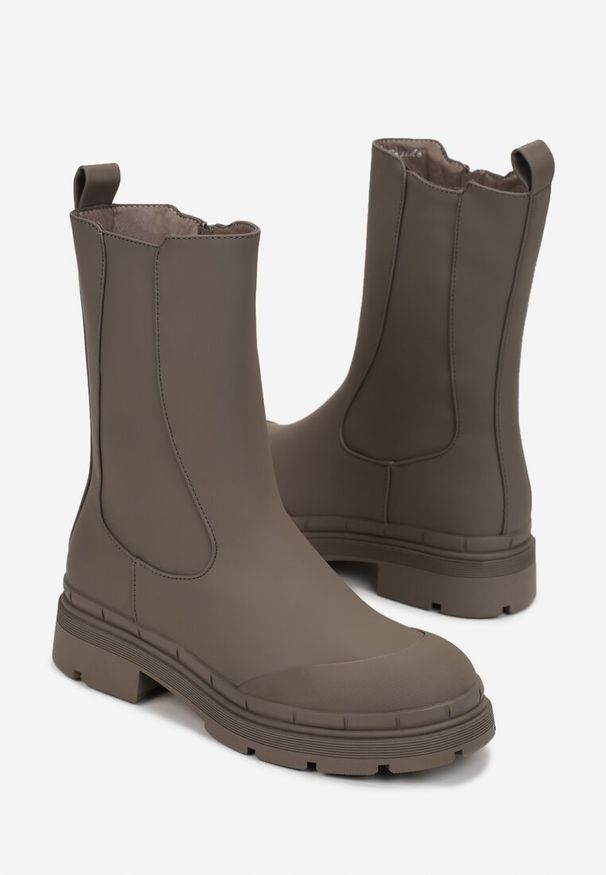 Born2be - Ciemnobeżowe Botki Workery na Grubej Podeszwie Uldruca. Nosek buta: okrągły. Zapięcie: zamek. Kolor: beżowy. Materiał: jeans. Szerokość cholewki: normalna. Sezon: zima, jesień. Styl: klasyczny