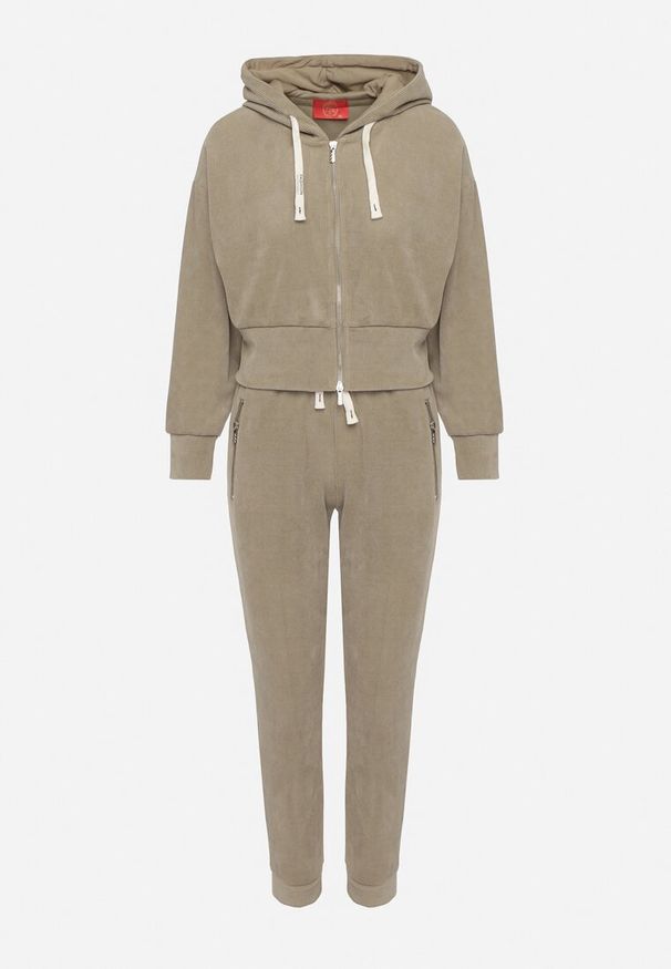 Born2be - Ciemnozielony Komplet Dresowy z Bawełną Bluza z Kapturem i Spodnie z Gumką w Talii Neseria. Kolor: zielony. Materiał: bawełna, dresówka