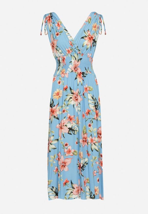 Born2be - Niebieska Sukienka w Kwiaty z Gumką w Pasie i Kopertowym Dekoltem Ściągana na Ramionach Saseria. Kolor: niebieski. Materiał: tkanina. Wzór: kwiaty. Sezon: lato. Typ sukienki: kopertowe