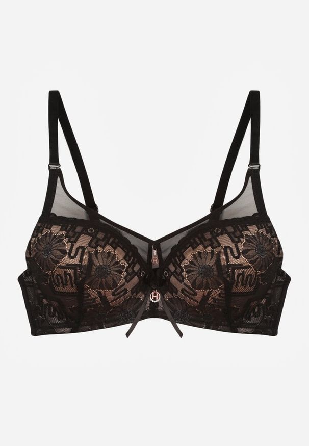 Renee - Czarno-Beżowy Biustonosz Ozdobiony Transparentnymi Wstawkami i Koronką Brannor. Kolor: czarny. Materiał: koronka. Wzór: aplikacja, koronka