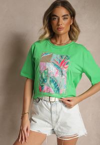 Renee - Zielony T-shirt z Bawełny Ozdobiony Brokatem Isadelle. Okazja: na co dzień. Kolor: zielony. Materiał: bawełna. Wzór: aplikacja. Styl: klasyczny, casual