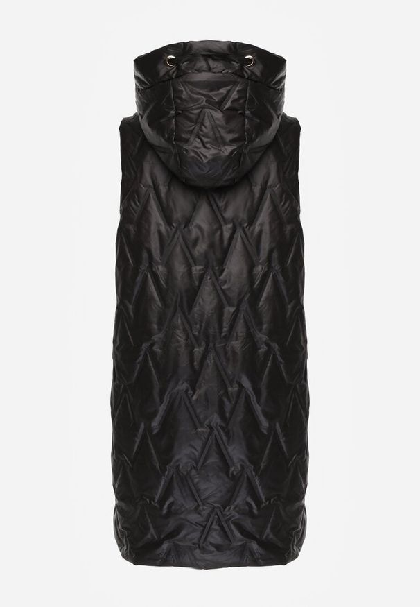 Renee - Czarna Długa Kamizelka Pikowana z Nieodpinanym Kapturem Semaea. Kolor: czarny. Materiał: prążkowany, jeans. Długość: długie. Styl: street