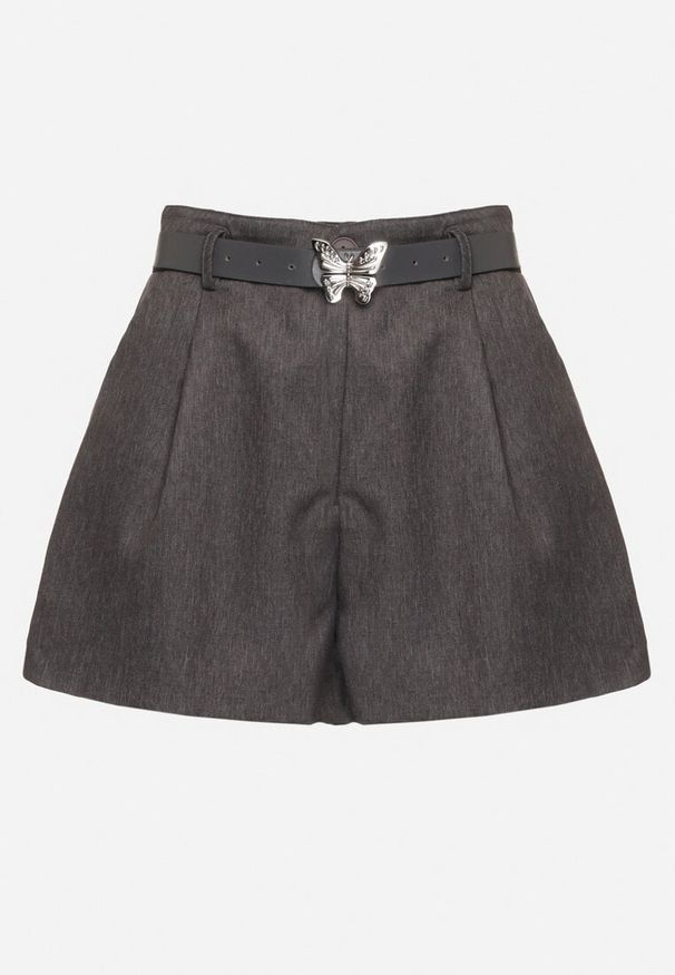 Born2be - Szare Szorty z Wysokim Stanem z Paskiem i Klamrą w Kształcie Motyla Veritana. Okazja: na co dzień. Stan: podwyższony. Kolor: szary. Styl: elegancki, casual