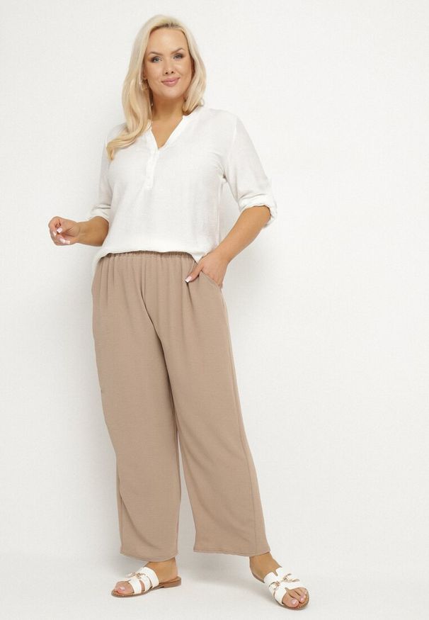 Born2be - Ciemnobeżowe Szerokie Spodnie z Bawełną i Wysokim Stanem Naitte. Okazja: na co dzień. Stan: podwyższony. Kolor: beżowy. Materiał: bawełna. Styl: casual, elegancki