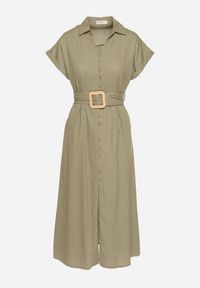 Born2be - Zielona Bawełniana Sukienka Koszulowa na Krótki Rękaw z Dodatkowym Paskiem Callira. Okazja: na spacer, na co dzień. Kolor: zielony. Materiał: bawełna. Długość rękawa: krótki rękaw. Typ sukienki: koszulowe. Styl: elegancki, casual #4