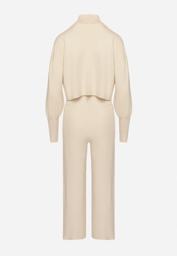 Born2be - Beżowy Komplet Dzianinowy z Wiskozą Bluza Golf ze Ściągaczami i Szerokie Spodnie Noridra. Kolor: beżowy. Materiał: dzianina, wiskoza