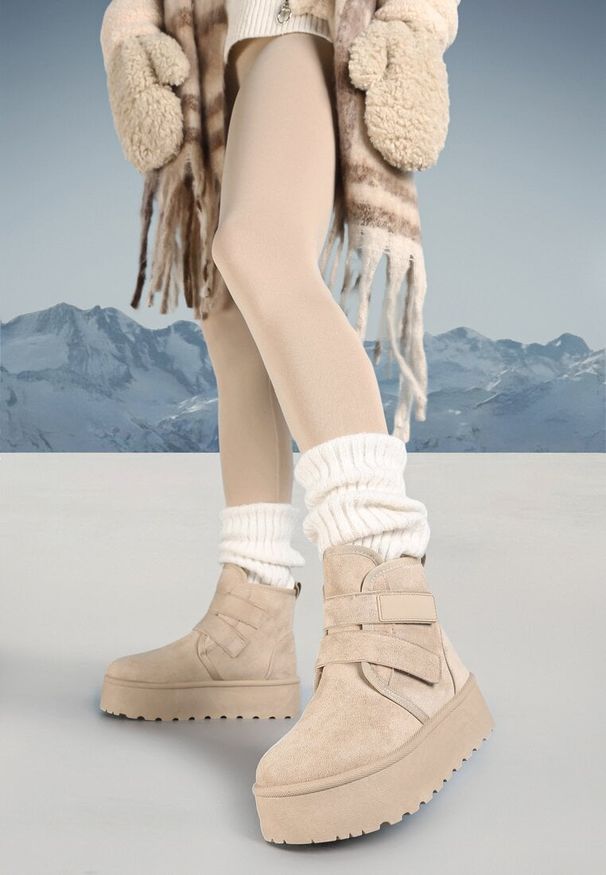 Born2be - Beżowe Śniegowce na Grubej Podeszwie Zapinane na Rzepy Tarorelle. Okazja: na co dzień. Zapięcie: rzepy. Kolor: beżowy. Sezon: zima. Styl: casual, elegancki