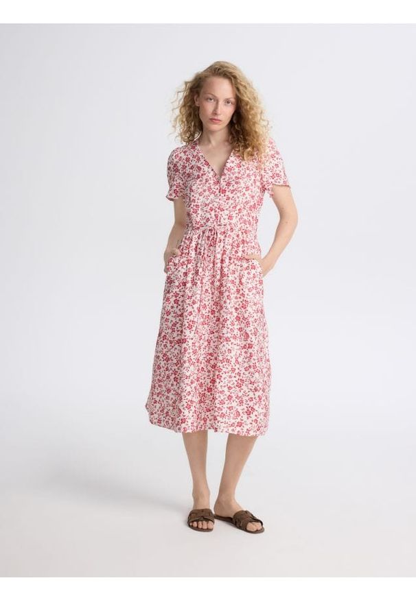 Reserved - Wzorzysta sukienka midi z wiskozą - czerwony. Kolor: czerwony. Materiał: wiskoza. Długość: midi