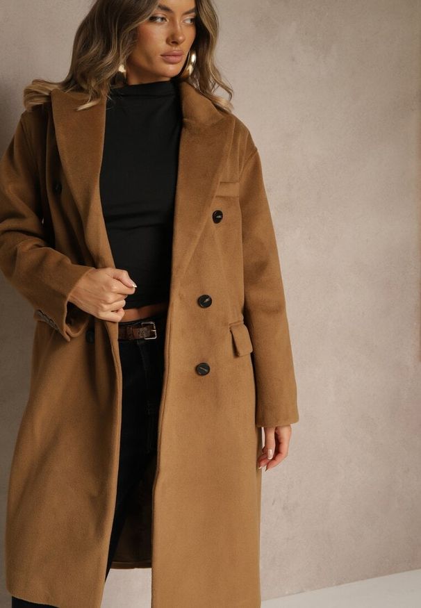 Renee - Brązowy Klasyczny Płaszcz Dwurzędowy z Kieszeniami Tereti. Okazja: na co dzień. Kolor: brązowy. Materiał: jeans. Styl: klasyczny