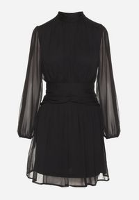 Born2be - Czarna Sukienka Rozkloszowane ze Stójką Marszczeniami i Transparentnymi Ramionami Belabria. Okazja: na co dzień. Typ kołnierza: kołnierzyk stójkowy. Kolor: czarny. Typ sukienki: rozkloszowane. Styl: casual, klasyczny #4