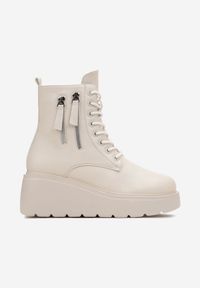 Born2be - Beżowe Botki na Koturnie z Ozdobnymi Suwakami na Cholewce Brarca. Zapięcie: zamek. Kolor: beżowy. Szerokość cholewki: normalna. Obcas: na koturnie #4