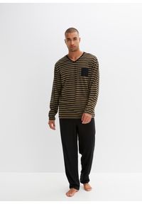 bonprix - Piżama z czystej bawełny z długim rękawem. Kolor: czarny. Materiał: bawełna. Długość: długie. Wzór: paski #1