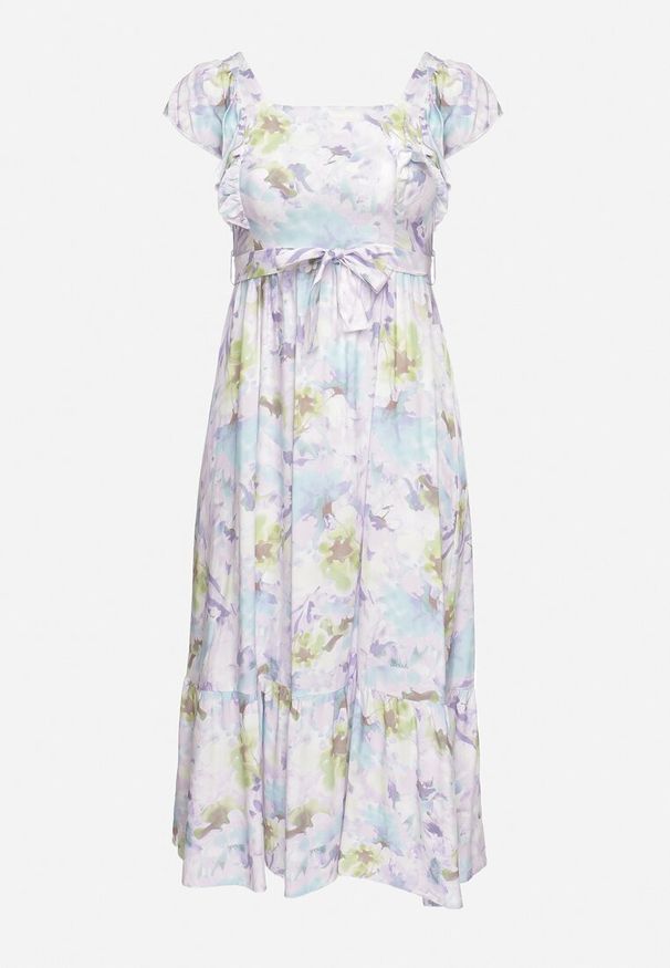 Born2be - Jasnofioletowa Wiskozowa Sukienka w Kwiaty na Ramiączkach z Falbanką i Materiałowym Paskiem Moemia. Okazja: na wesele, na imprezę, na co dzień, na ślub cywilny. Typ kołnierza: dekolt kwadratowy, kołnierz z falbankami. Kolor: fioletowy. Materiał: materiał, wiskoza. Długość rękawa: na ramiączkach. Wzór: kwiaty. Styl: casual, elegancki