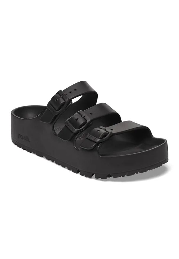 Birkenstock Florida III Flex Platform EVA Black Klapki damskie. Okazja: na plażę. Kolor: czarny. Wzór: paski. Sezon: lato. Obcas: na platformie. Styl: klasyczny, elegancki
