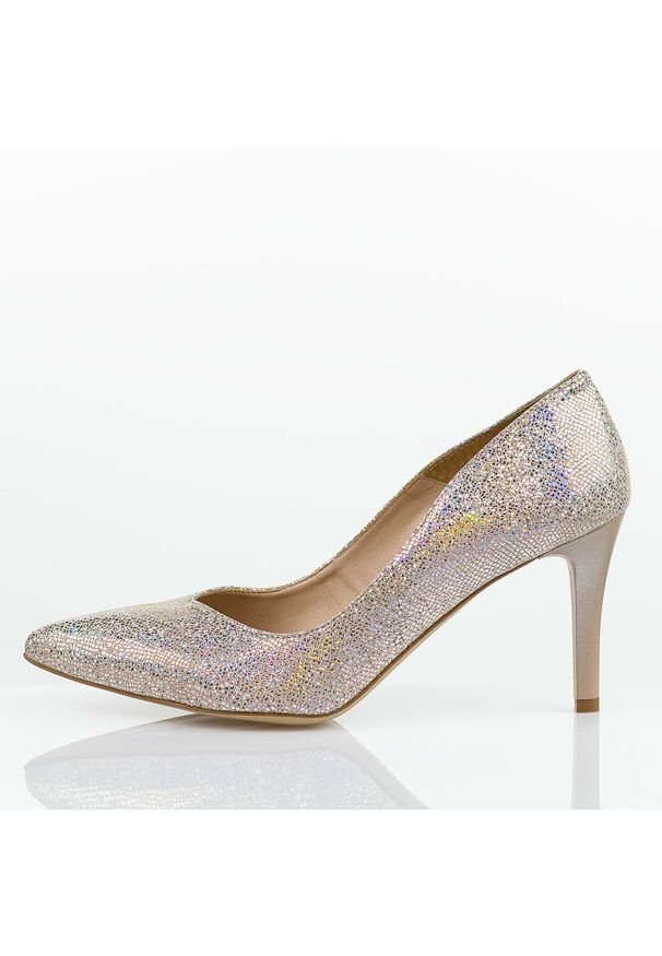 Srebrne multi Polskie skórzane szpilki damskie Prestige 2106. Okazja: na wesele, na ślub cywilny, na spotkanie biznesowe, na imprezę. Kolor: wielokolorowy. Materiał: skóra. Szerokość cholewki: normalna. Obcas: na szpilce. Styl: glamour, biznesowy, elegancki, wizytowy, klasyczny