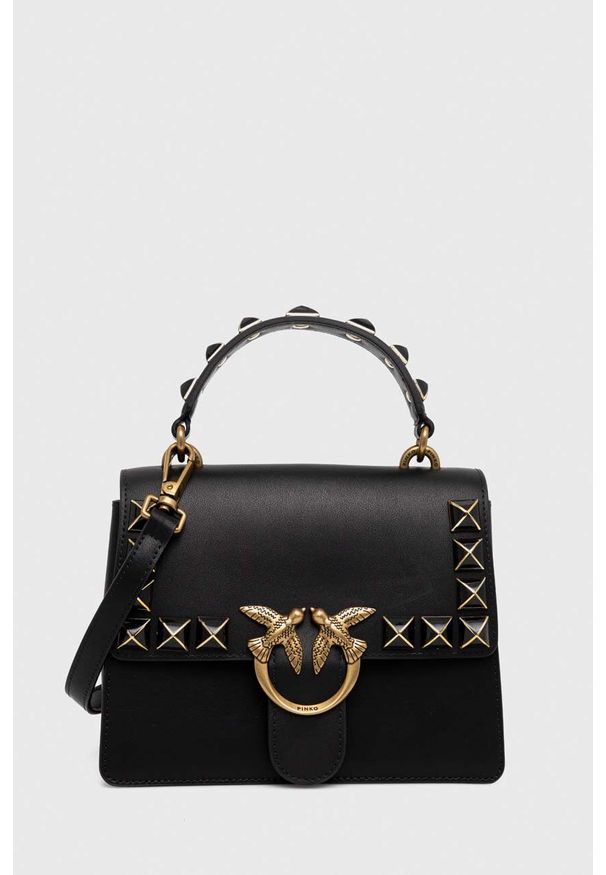Pinko torebka skórzana kolor czarny. Kolor: czarny. Wzór: aplikacja. Dodatki: z aplikacjami. Materiał: skórzane. Rodzaj torebki: na ramię