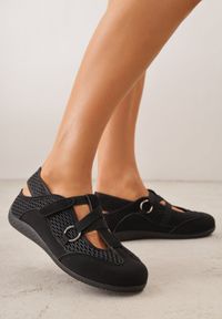 Born2be - Czarne Siateczkowe Sneakersy w Stylu Balerinek z Paskiem na Rzep Talenate. Okazja: na co dzień. Zapięcie: rzepy. Kolor: czarny. Materiał: jeans, materiał #1