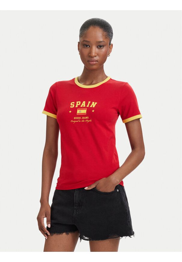 Guess Jeans T-Shirt W6YI16 K3995 Czerwony Slim Fit. Kolor: czerwony. Materiał: bawełna