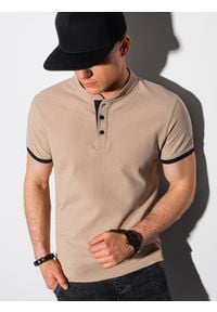 Ombre Clothing - T-shirt męski polo bez kołnierzyka - beżowy V5 S1381 - XL. Typ kołnierza: polo, bez kołnierzyka. Kolor: beżowy. Materiał: materiał, bawełna #1
